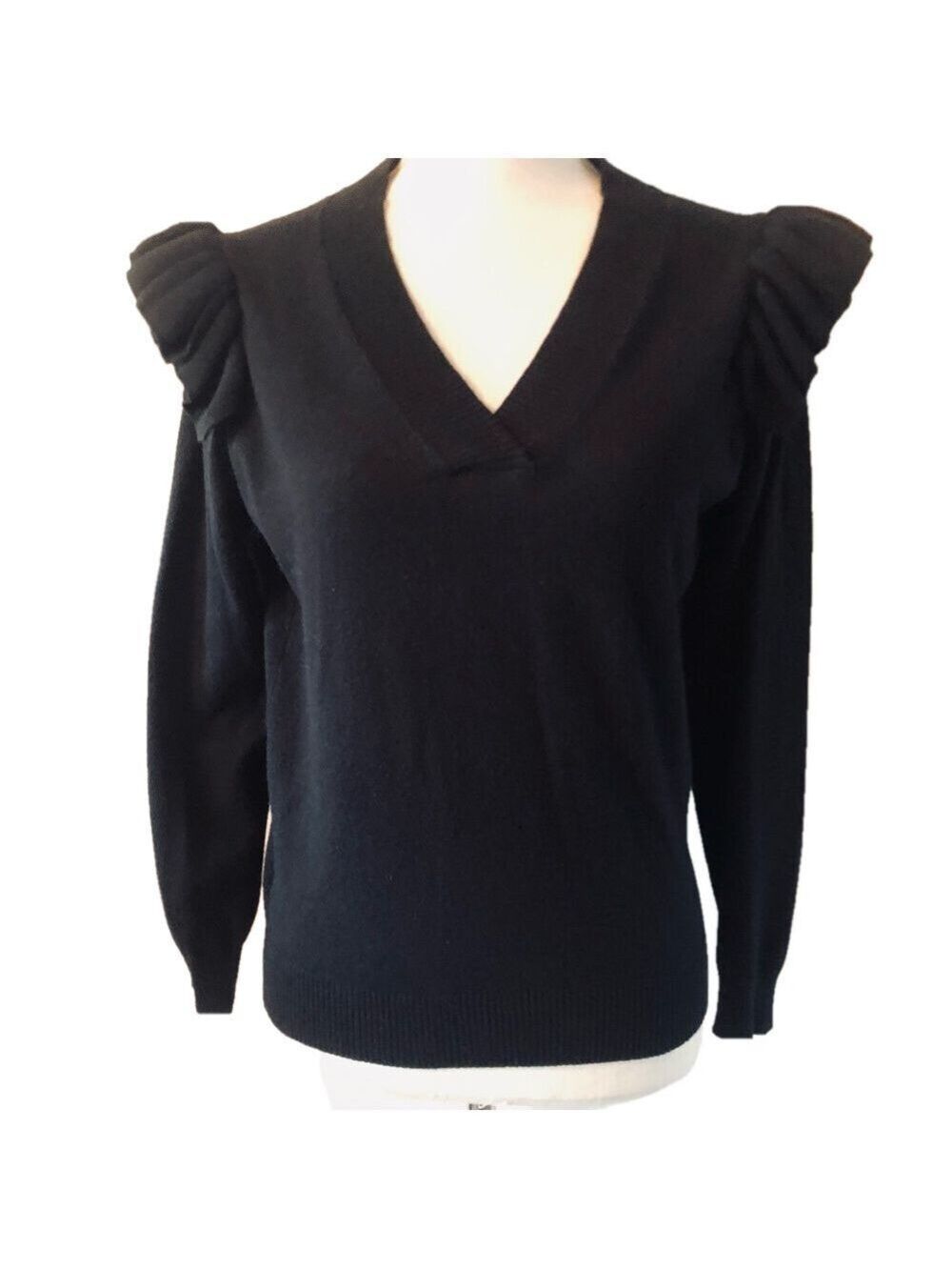 Black V-Neck Sweater Shoulder Ruffle size medium by Truth